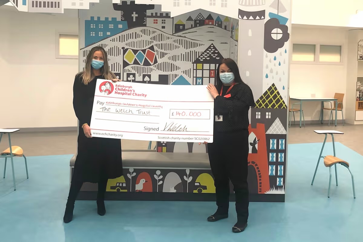 The Welch Trust presenting a £140,000 cheque to Edinburgh Children's Hospital Charity at the Royal Hospital for Children and Young People